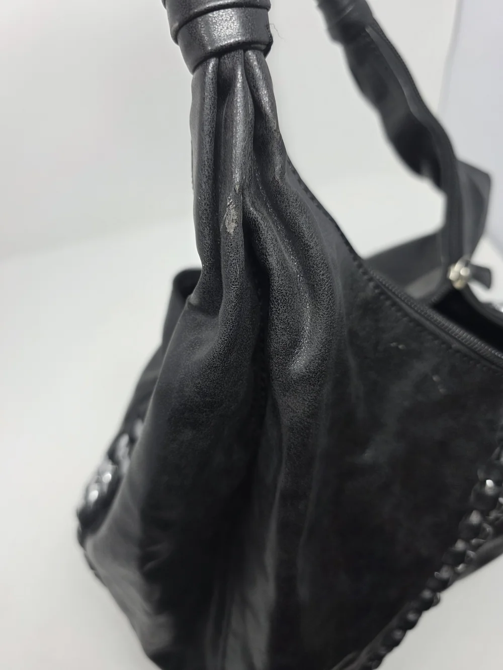 Metaphor Black Faux Leather Hobo Shoulder Bag Silver Chain Trim Y2K Moto Purse